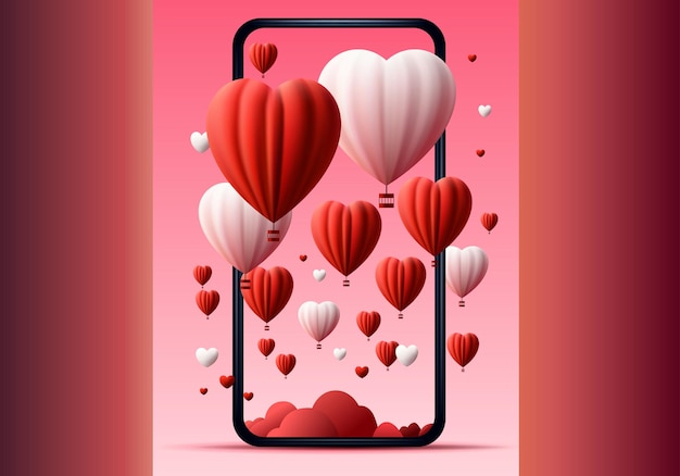 Vector paper cut hearts on smartphone screen happy valentine day poster or voucher holiday celebration sale header template