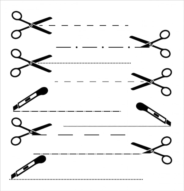 Icona di taglio carta con linea tratteggiata. forbici con linee di taglio. set di forbici da taglio.
