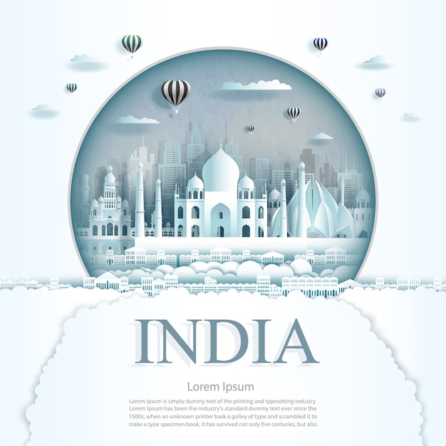 Paper cut india monuments with hot air balloons and clouds background template