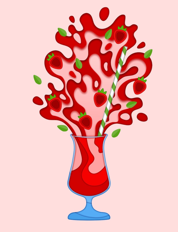 Vector paper cut juice and strawberry cocktail splash