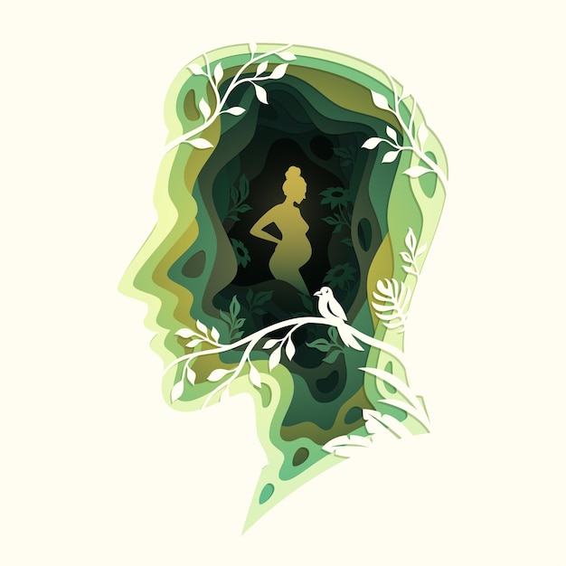 Vector paper cut layered human head with happy pregnant woman holds her belly, business or mind psychology