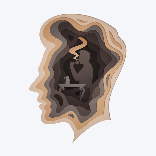 Paper cut layered human head with a man relaxing and drinking coffee, business or mind psychology