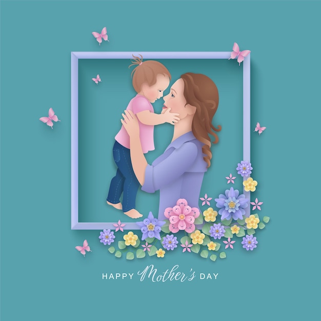 Paper cut layered mothers day greeting card with mom holds her daughter in her arms