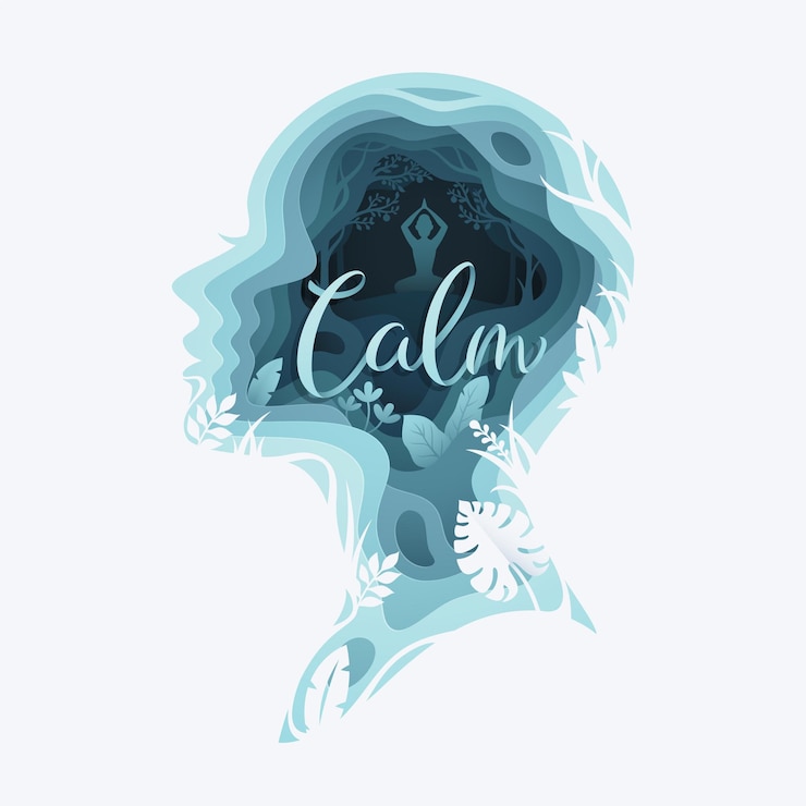 Vector paper cut layered woman head with woman sitting in yoga pose and enjoying nature