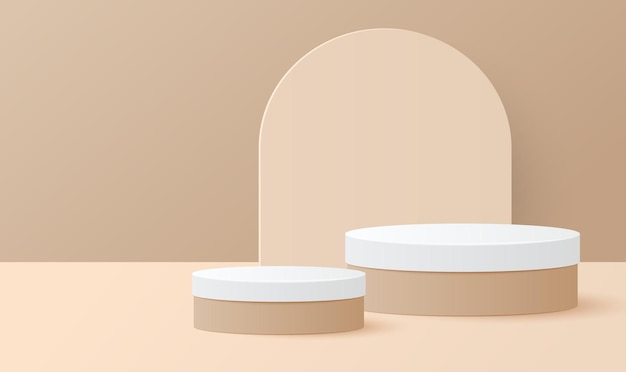 Бумажная вырезка минимальной сцены с белым и коричневым цилиндрическим подиумом на коричневом фоне Презентация продукта макет шоу косметическая векторная иллюстрация