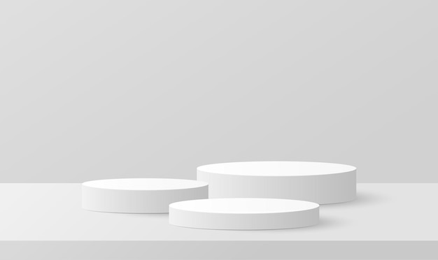 Paper cut of minimal scene with white cylinder podium on grey background Product presentation mock up show cosmetic Vector illustration