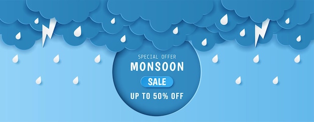 Vector paper cut of monsoon sale offer banner template with clouds, rain drop and  lightning on blue