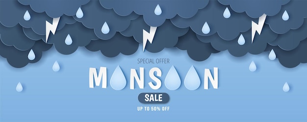 Vector paper cut of monsoon sale offer banner template with clouds rain drop and lightning