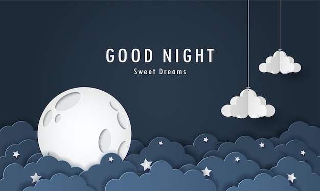 Vector paper cut of night clouds with moon on dark blue sky background sweet dream and good night concept greeting card backdrop wallpaper vector illustration