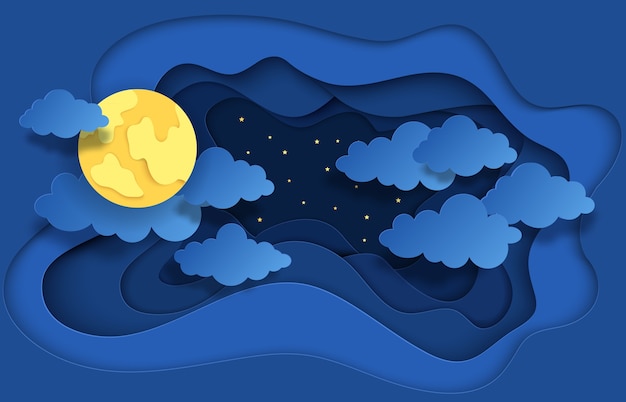 Vector paper cut night sky. dreamy illustration with moon stars and clouds