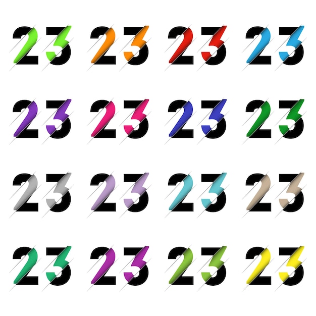 Numero di taglio della carta ventitré 23 effetto papercut multistrato realistico 3d isolato su sfondo bianco figura del carattere della lettera dell'alfabeto elemento decorativo per il design di auguri di compleanno o matrimonio