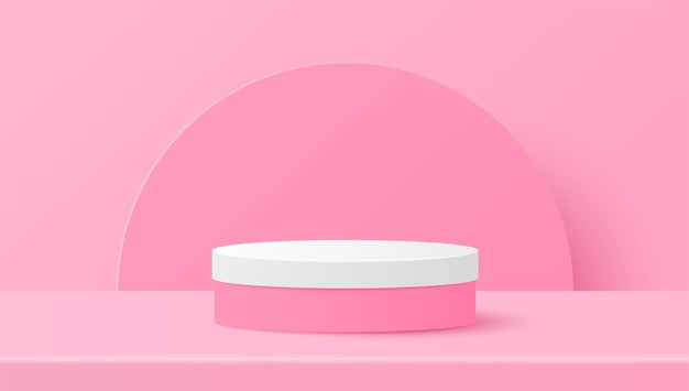 Вырезка из бумаги минимальной сцены с подиумом из розового цилиндра на розовом фоне презентация продукта макет косметического шоу векторная иллюстрация