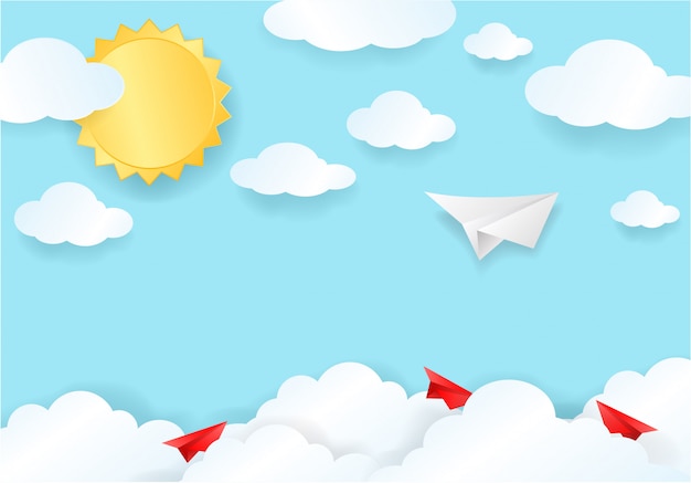 Вектор Бумага вырезать из белого и красного самолета на голубое небо с облаками и солнечным светом