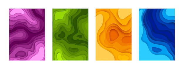 다채로운 모양의 종이 컷 포스터 3d 모형 컬렉션 최소한의 종이 접기 배너 색상 그라데이션 및 그림자 또는 바다 깊은 효과 벡터 판지 배경 현대 웹 템플릿 세트