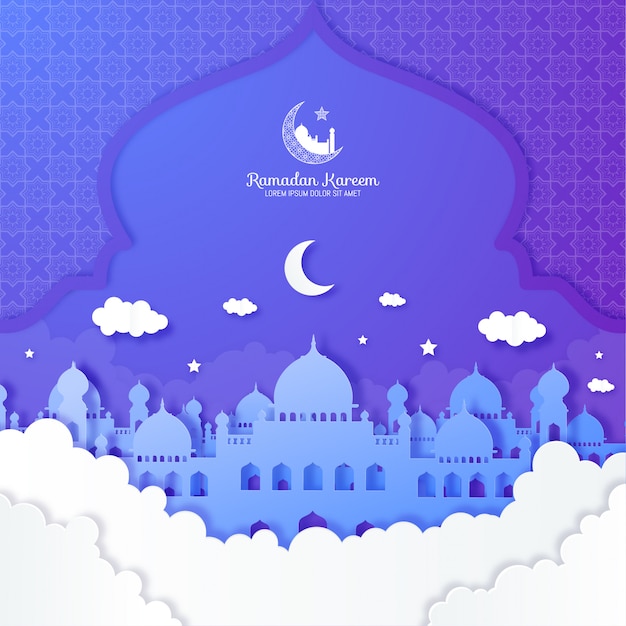 Paper cut Ramadan kareem background illustration with mosque