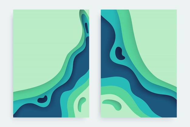 Paper cut set with 3D slime abstract background and blue green waves layers. 