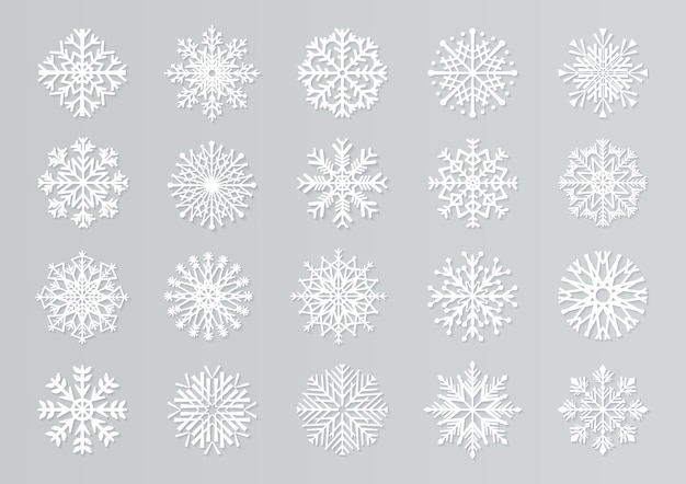 Paper cut snowflakes. White 3D Christmas design templates. paper cutout snow elements set