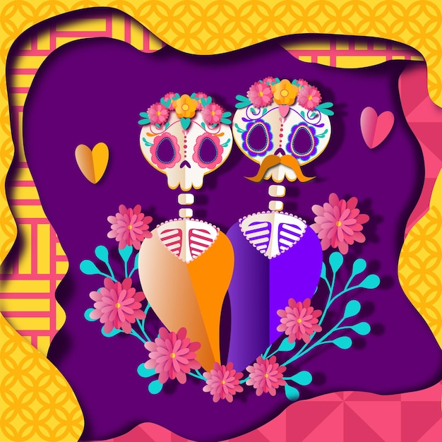 Paper cut stile dia de Los Muertos card poster background