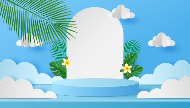 Paper cut style of clouds leaf tropical natural on blue sky background with podium