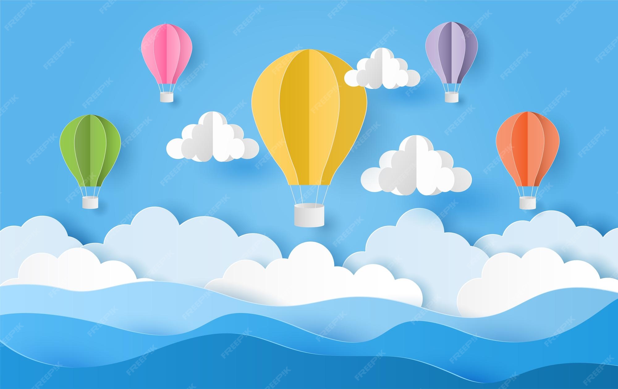 Premium Vector | Paper cut style of colorful hot air balloons and cloud