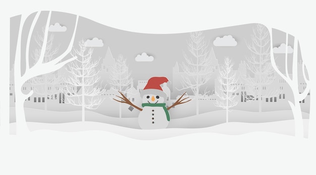 Vector paper cut style concept merry christmas and happ new year with snow man vector illustration