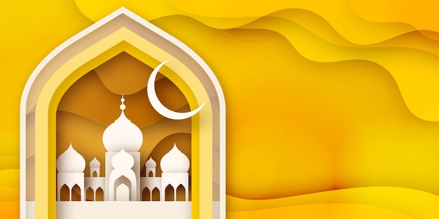 Paper Cut Style gratis vector eid mubarak ramadan seizoen festival groet banner ontwerp