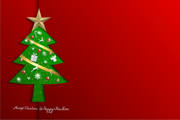 Paper cut style green christmas tree on red background