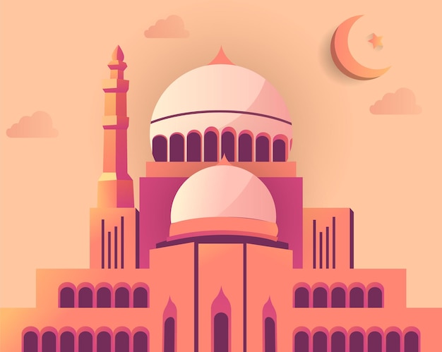 A paper cut style illustration of a mosque with a moon and stars.