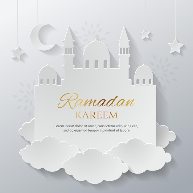 Paper cut style ramadan kareem greeting card template islamic minimalism background