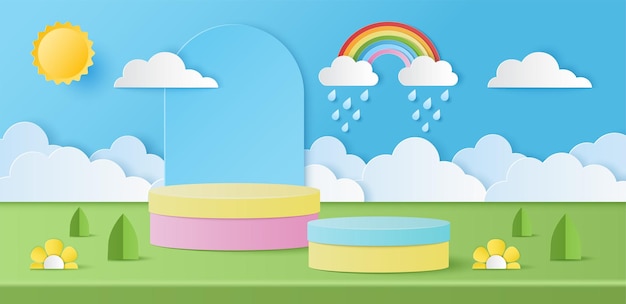 Vector paper cut of summer banner with pastel color cylinder podium and sun cloud rainbow drops rain for products display presentation vector illustration