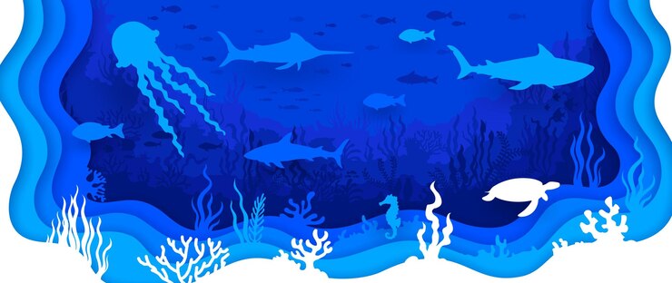Вектор подводный пейзаж с морскими животными, вырезанный из бумаги