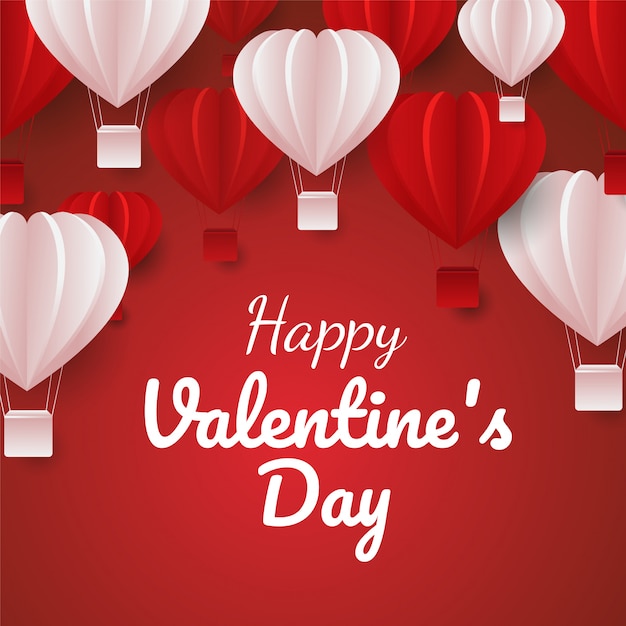 バレンタインデーの紙カットは赤とピンクのハート形の気球が飛んでいるカードを祝います。