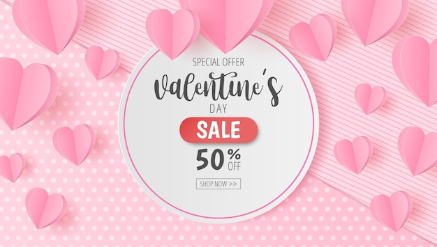 Paper cut of valentine's sale vector banner design with heart for promotion advertising