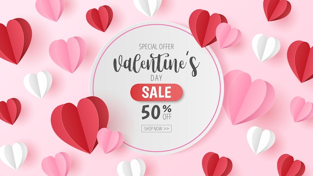 Paper cut of valentine's sale vector banner design with heart