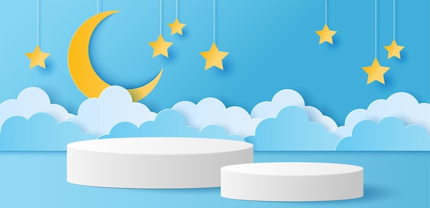 Vector paper cut of white color cylinder podium for products display presentation with crescent moon and stars copy space for baby's