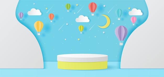 Paper cut of white and yellow color cylinder podium for products display presentation Moon with hot air balloons clouds and shooting star for baby boy shower card banner Vector illustration