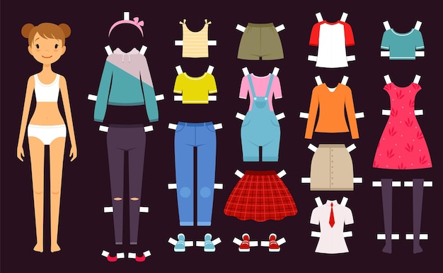 Vector paper doll. cute toys female doll with various wardrobe clothes fashion girls vector illustration. dress female, wear girl paper model