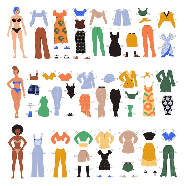 Vector paper doll girl clothes set flat isolated vector illustration