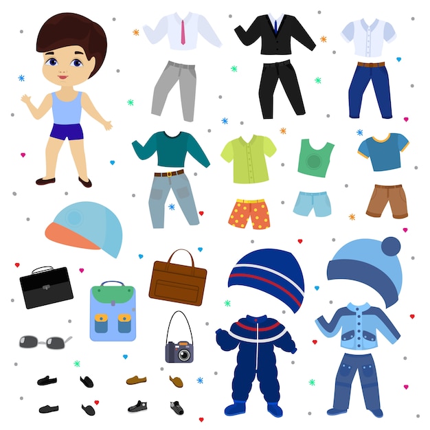 Paper doll vector boy dress up clothing with fashion pants or shoes illustration boyish set of male clothes for cutting cap or T-shirt isolated.