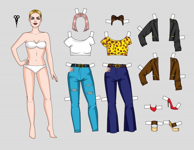 Paper doll with stylish collection boho and chic style