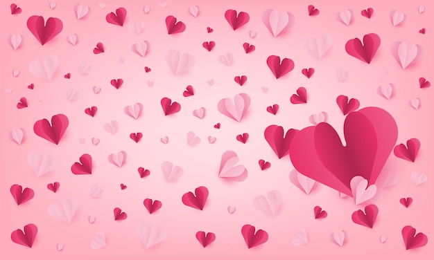 Elementi di carta a forma di cuore che volano su sfondo rosa buon san valentino carta cuori compleanno biglietto di auguri disegno vettoriale