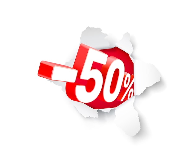 Vettore banner di esplosione di carta 50 off con percentuale di sconto sulle azioni. illustrazione vettoriale