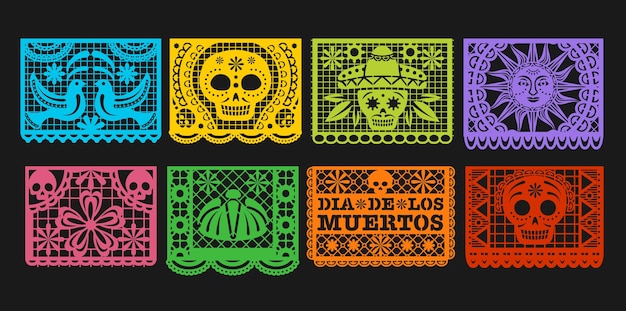 종이 깃발, 죽은 자의 멕시코의 날 papel picado 멧새. 멕시코 Dia de los Muertos 또는 해골 두개골, 솜브레로, 금잔화 꽃과 새의 장식품을 잘라낸 할로윈 휴가 화환