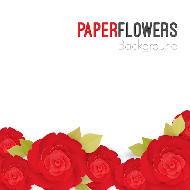 Paper flower background with red roses with green leaves in the bottom of vector illustration isolated on white and place for your text