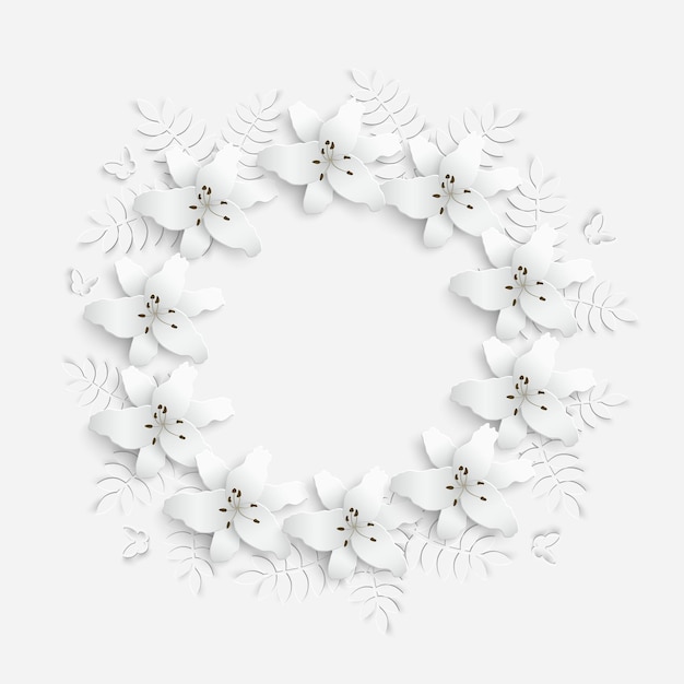 Paper flower Frame with abstract cut flowers White lilies Wedding decorations Decorative bridal