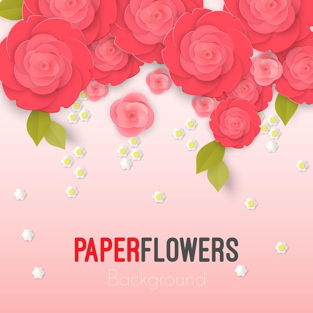 Vector paper flower realistic style vector illustration of soft full blown pink roses with leaves and small white daisies below with inscription