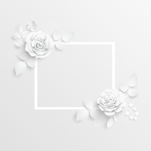 Paper flower Square frame with abstract cut flowers White rose A heart Wedding decorations