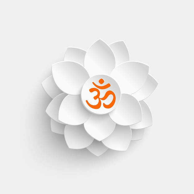 Vector paper flower white lotus cut from paper om or aum indian sacred sound the symbol of the divine