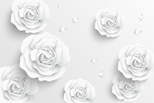종이 꽃 종이에서 자른 흰 장미 흰색 배경에 아름다운 나비와 하트