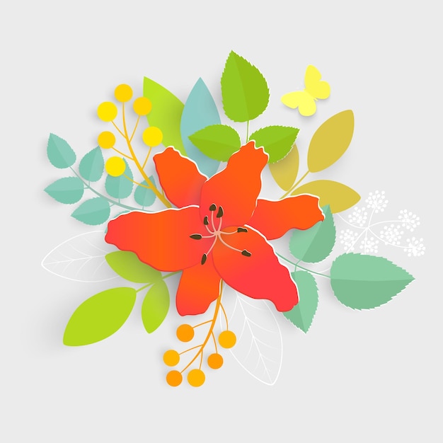 Paper flower with green leaves Colorful bright lilies are cut out of paper on a white background